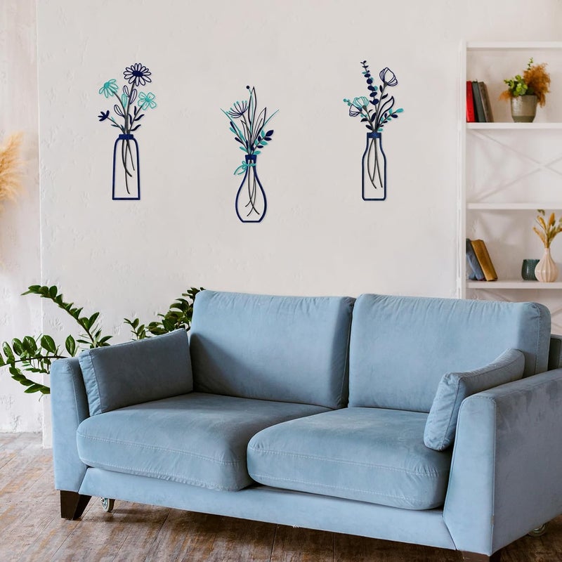 Pigort 3 Pieces Metal Flowers Wall Arts - Rustic Farmhouse Style Décor Metal Wall Art Black Minimalist Flower Natural Themed Wall Decors for Home Bedroom Dining Room Housewarming (Blue) - Image 4